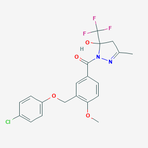 molecular formula C20H18ClF3N2O4 B457202 1-{3-[(4-chlorophenoxy)methyl]-4-methoxybenzoyl}-3-methyl-5-(trifluoromethyl)-4,5-dihydro-1H-pyrazol-5-ol 