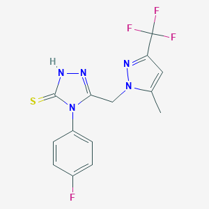 molecular formula C14H11F4N5S B457203 4-(4-fluorophenyl)-5-{[5-methyl-3-(trifluoromethyl)-1H-pyrazol-1-yl]methyl}-4H-1,2,4-triazol-3-yl hydrosulfide 