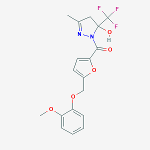 molecular formula C18H17F3N2O5 B457209 [5-hydroxy-3-methyl-5-(trifluoromethyl)-4,5-dihydro-1H-pyrazol-1-yl]{5-[(2-methoxyphenoxy)methyl]furan-2-yl}methanone 