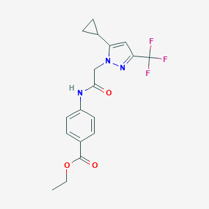 molecular formula C18H18F3N3O3 B457211 ethyl 4-({[5-cyclopropyl-3-(trifluoromethyl)-1H-pyrazol-1-yl]acetyl}amino)benzoate 