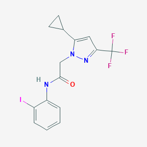 molecular formula C15H13F3IN3O B457225 2-[5-cyclopropyl-3-(trifluoromethyl)-1H-pyrazol-1-yl]-N-(2-iodophenyl)acetamide 