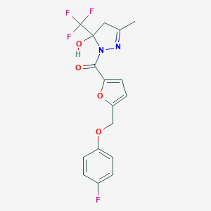 molecular formula C17H14F4N2O4 B457230 1-{5-[(4-fluorophenoxy)methyl]-2-furoyl}-3-methyl-5-(trifluoromethyl)-4,5-dihydro-1H-pyrazol-5-ol 