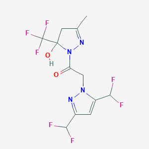 molecular formula C12H11F7N4O2 B457250 1-{[3,5-bis(difluoromethyl)-1H-pyrazol-1-yl]acetyl}-3-methyl-5-(trifluoromethyl)-4,5-dihydro-1H-pyrazol-5-ol 