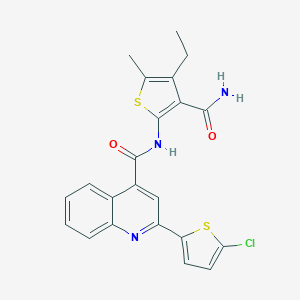 molecular formula C22H18ClN3O2S2 B457300 N-(3-carbamoyl-4-ethyl-5-methylthiophen-2-yl)-2-(5-chlorothiophen-2-yl)quinoline-4-carboxamide 
