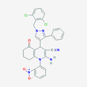 molecular formula C32H24Cl2N6O3 B457399 2-amino-4-[1-(2,6-dichlorobenzyl)-3-phenyl-1H-pyrazol-4-yl]-1-{2-nitrophenyl}-5-oxo-1,4,5,6,7,8-hexahydro-3-quinolinecarbonitrile 