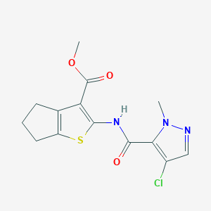 molecular formula C14H14ClN3O3S B457416 methyl 2-{[(4-chloro-1-methyl-1H-pyrazol-5-yl)carbonyl]amino}-5,6-dihydro-4H-cyclopenta[b]thiophene-3-carboxylate 