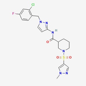 molecular formula C20H22ClFN6O3S B4574271 N-[1-(2-氯-4-氟苄基)-1H-吡唑-3-基]-1-[(1-甲基-1H-吡唑-4-基)磺酰基]-3-哌啶甲酰胺 