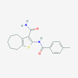 molecular formula C18H20N2O2S B457524 2-[(4-methylbenzoyl)amino]-5,6,7,8-tetrahydro-4H-cyclohepta[b]thiophene-3-carboxamide 