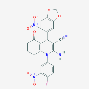 molecular formula C23H16FN5O7 B457633 2-Amino-1-(4-fluoro-3-nitrophenyl)-4-(6-nitro-1,3-benzodioxol-5-yl)-5-oxo-1,4,5,6,7,8-hexahydroquinoline-3-carbonitrile 