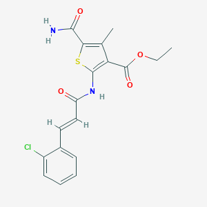 molecular formula C18H17ClN2O4S B457671 Ethyl 5-(aminocarbonyl)-2-{[3-(2-chlorophenyl)acryloyl]amino}-4-methyl-3-thiophenecarboxylate 