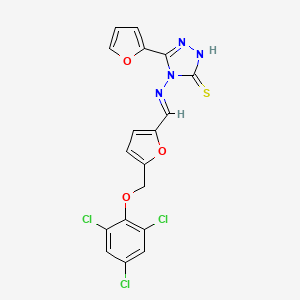 molecular formula C18H11Cl3N4O3S B4576804 5-(2-FURYL)-4-[((E)-1-{5-[(2,4,6-TRICHLOROPHENOXY)METHYL]-2-FURYL}METHYLIDENE)AMINO]-4H-1,2,4-TRIAZOL-3-YLHYDROSULFIDE 