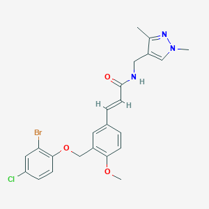 molecular formula C23H23BrClN3O3 B457730 3-{3-[(2-bromo-4-chlorophenoxy)methyl]-4-methoxyphenyl}-N-[(1,3-dimethyl-1H-pyrazol-4-yl)methyl]acrylamide 