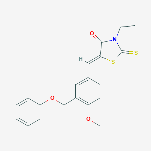 molecular formula C21H21NO3S2 B457757 3-Ethyl-5-{4-methoxy-3-[(2-methylphenoxy)methyl]benzylidene}-2-thioxo-1,3-thiazolidin-4-one 