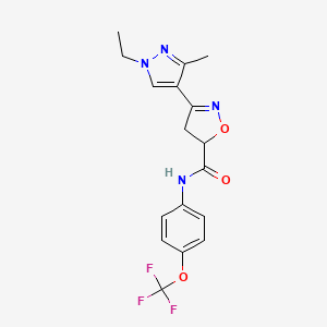 molecular formula C17H17F3N4O3 B4577607 3-(1-ethyl-3-methyl-1H-pyrazol-4-yl)-N-[4-(trifluoromethoxy)phenyl]-4,5-dihydro-5-isoxazolecarboxamide 