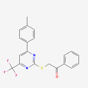 molecular formula C20H15F3N2OS B4577802 2-{[4-(4-methylphenyl)-6-(trifluoromethyl)-2-pyrimidinyl]thio}-1-phenylethanone 