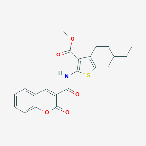 molecular formula C22H21NO5S B457815 methyl 6-ethyl-2-{[(2-oxo-2H-chromen-3-yl)carbonyl]amino}-4,5,6,7-tetrahydro-1-benzothiophene-3-carboxylate 