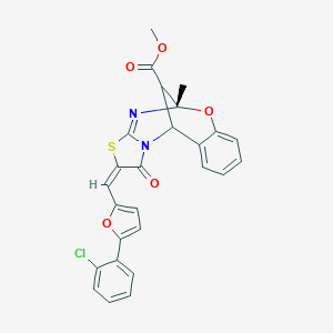 molecular formula C26H19ClN2O5S B457910 methyl (9S,13E)-13-[[5-(2-chlorophenyl)furan-2-yl]methylidene]-9-methyl-14-oxo-8-oxa-12-thia-10,15-diazatetracyclo[7.6.1.02,7.011,15]hexadeca-2,4,6,10-tetraene-16-carboxylate 