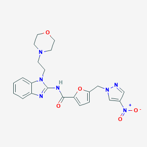 molecular formula C22H23N7O5 B457946 5-({4-nitro-1H-pyrazol-1-yl}methyl)-N-{1-[2-(4-morpholinyl)ethyl]-1H-benzimidazol-2-yl}-2-furamide 