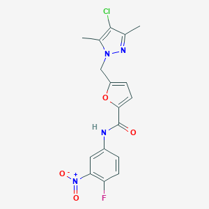 molecular formula C17H14ClFN4O4 B457952 5-[(4-chloro-3,5-dimethyl-1H-pyrazol-1-yl)methyl]-N-(4-fluoro-3-nitrophenyl)furan-2-carboxamide 
