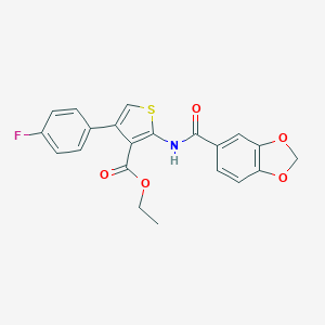 molecular formula C21H16FNO5S B457966 Ethyl 2-[(1,3-benzodioxol-5-ylcarbonyl)amino]-4-(4-fluorophenyl)-3-thiophenecarboxylate 