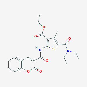molecular formula C23H24N2O6S B458008 ethyl 5-(diethylcarbamoyl)-4-methyl-2-{[(2-oxo-2H-chromen-3-yl)carbonyl]amino}thiophene-3-carboxylate 