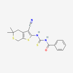 molecular formula C18H17N3OS3 B4580234 N-{[(3-cyano-5,5-dimethyl-4,7-dihydro-5H-thieno[2,3-c]thiopyran-2-yl)amino]carbonothioyl}benzamide 