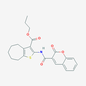 molecular formula C23H23NO5S B458056 propyl 2-{[(2-oxo-2H-chromen-3-yl)carbonyl]amino}-5,6,7,8-tetrahydro-4H-cyclohepta[b]thiophene-3-carboxylate 