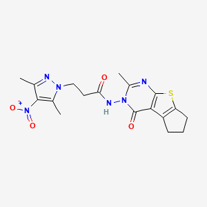 molecular formula C18H20N6O4S B4580826 3-(3,5-dimethyl-4-nitro-1H-pyrazol-1-yl)-N-(2-methyl-4-oxo-6,7-dihydro-4H-cyclopenta[4,5]thieno[2,3-d]pyrimidin-3(5H)-yl)propanamide 