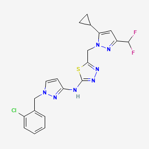 molecular formula C20H18ClF2N7S B4581871 N-[1-(2-chlorobenzyl)-1H-pyrazol-3-yl]-5-{[5-cyclopropyl-3-(difluoromethyl)-1H-pyrazol-1-yl]methyl}-1,3,4-thiadiazol-2-amine 