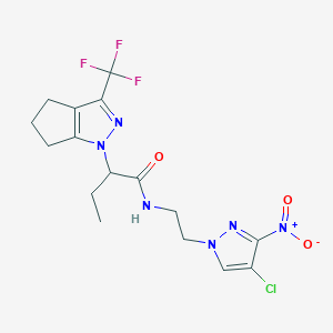molecular formula C16H18ClF3N6O3 B4582122 N-[2-(4-chloro-3-nitro-1H-pyrazol-1-yl)ethyl]-2-[3-(trifluoromethyl)-5,6-dihydrocyclopenta[c]pyrazol-1(4H)-yl]butanamide 