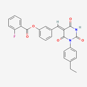 molecular formula C26H19FN2O5 B4582366 3-{[1-(4-ethylphenyl)-2,4,6-trioxotetrahydro-5(2H)-pyrimidinylidene]methyl}phenyl 2-fluorobenzoate 