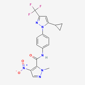 molecular formula C18H15F3N6O3 B4582543 N-{4-[5-cyclopropyl-3-(trifluoromethyl)-1H-pyrazol-1-yl]phenyl}-1-methyl-4-nitro-1H-pyrazole-5-carboxamide 