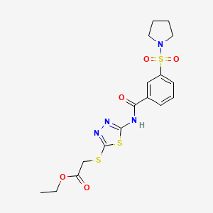molecular formula C17H20N4O5S3 B4582581 乙基[(5-{[3-(1-吡咯烷基磺酰基)苯甲酰]氨基}-1,3,4-噻二唑-2-基)硫]乙酸酯 
