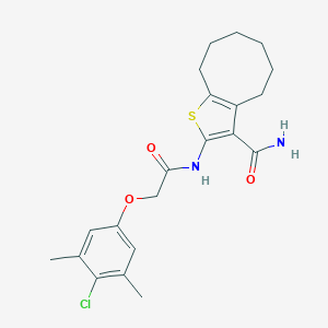 molecular formula C21H25ClN2O3S B458262 2-{[(4-Chloro-3,5-dimethylphenoxy)acetyl]amino}-4,5,6,7,8,9-hexahydrocycloocta[b]thiophene-3-carboxamide 