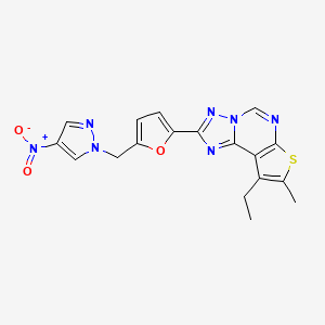 molecular formula C18H15N7O3S B4582895 9-乙基-8-甲基-2-{5-[(4-硝基-1H-吡唑-1-基)甲基]-2-呋喃基}噻吩并[3,2-e][1,2,4]三唑并[1,5-c]嘧啶 
