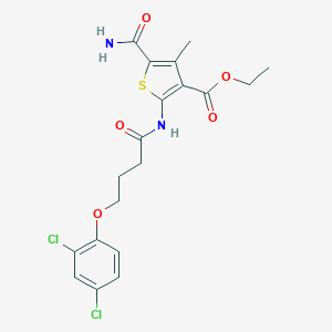 molecular formula C19H20Cl2N2O5S B458292 Ethyl 5-carbamoyl-2-{[4-(2,4-dichlorophenoxy)butanoyl]amino}-4-methylthiophene-3-carboxylate 