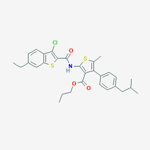 molecular formula C30H32ClNO3S2 B458302 Propyl 2-{[(3-chloro-6-ethyl-1-benzothien-2-yl)carbonyl]amino}-4-(4-isobutylphenyl)-5-methyl-3-thiophenecarboxylate 