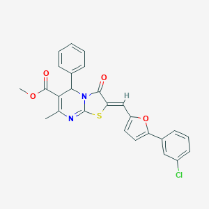 molecular formula C26H19ClN2O4S B458327 methyl (2Z)-2-{[5-(3-chlorophenyl)furan-2-yl]methylidene}-7-methyl-3-oxo-5-phenyl-2,3-dihydro-5H-[1,3]thiazolo[3,2-a]pyrimidine-6-carboxylate 