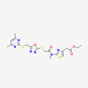 molecular formula C18H20N6O4S3 B4583280 ethyl [2-({[(5-{[(4,6-dimethyl-2-pyrimidinyl)thio]methyl}-1,3,4-oxadiazol-2-yl)thio]acetyl}amino)-1,3-thiazol-4-yl]acetate 