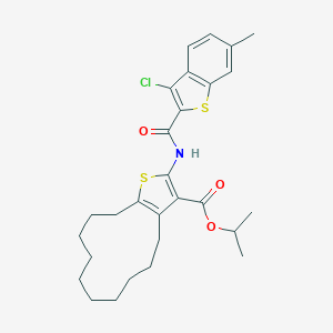 molecular formula C28H34ClNO3S2 B458339 Isopropyl 2-{[(3-chloro-6-methyl-1-benzothien-2-yl)carbonyl]amino}-4,5,6,7,8,9,10,11,12,13-decahydrocyclododeca[b]thiophene-3-carboxylate 