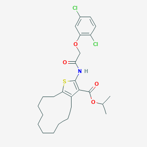 molecular formula C26H33Cl2NO4S B458346 Isopropyl 2-{[(2,5-dichlorophenoxy)acetyl]amino}-4,5,6,7,8,9,10,11,12,13-decahydrocyclododeca[b]thiophene-3-carboxylate 
