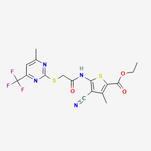 molecular formula C17H15F3N4O3S2 B4583696 乙基4-氰基-3-甲基-5-[({[4-甲基-6-(三氟甲基)-2-嘧啶基]硫代}乙酰基)氨基]-2-噻吩甲酸酯 