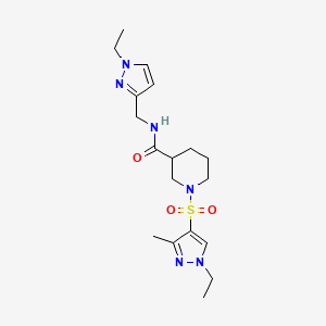 molecular formula C18H28N6O3S B4584186 1-[(1-乙基-3-甲基-1H-吡唑-4-基)磺酰基]-N-[(1-乙基-1H-吡唑-3-基)甲基]-3-哌啶甲酰胺 