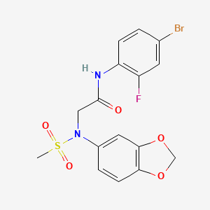 molecular formula C16H14BrFN2O5S B4584672 N~2~-1,3-苯并二氧杂-5-基-N~1~-(4-溴-2-氟苯基)-N~2~-(甲基磺酰基)甘氨酰胺 