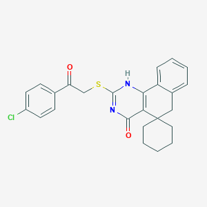 molecular formula C25H23ClN2O2S B458522 2-[2-(4-Chlorophenyl)-2-oxoethyl]sulfanylspiro[1,6-dihydrobenzo[h]quinazoline-5,1'-cyclohexane]-4-one CAS No. 309267-20-7