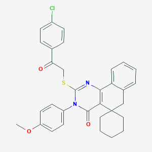 molecular formula C32H29ClN2O3S B458526 2-((2-(4-chlorophenyl)-2-oxoethyl)thio)-3-(4-methoxyphenyl)-3H-spiro[benzo[h]quinazoline-5,1'-cyclohexan]-4(6H)-one 
