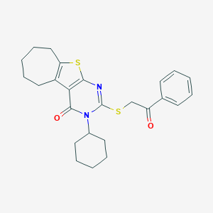molecular formula C25H28N2O2S2 B458536 3-cyclohexyl-2-[(2-oxo-2-phenylethyl)sulfanyl]-3,5,6,7,8,9-hexahydro-4H-cyclohepta[4,5]thieno[2,3-d]pyrimidin-4-one 
