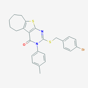molecular formula C25H23BrN2OS2 B458538 2-[(4-bromobenzyl)sulfanyl]-3-(4-methylphenyl)-3,5,6,7,8,9-hexahydro-4H-cyclohepta[4,5]thieno[2,3-d]pyrimidin-4-one 