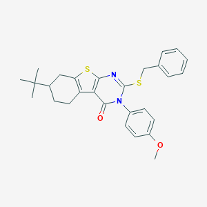 molecular formula C28H30N2O2S2 B458539 2-(benzylsulfanyl)-7-tert-butyl-3-(4-methoxyphenyl)-5,6,7,8-tetrahydro[1]benzothieno[2,3-d]pyrimidin-4(3H)-one 