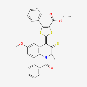 ethyl 2-(1-benzoyl-6-methoxy-2,2-dimethyl-3-thioxo-2,3-dihydro-4(1H)-quinolinylidene)-5-phenyl-1,3-dithiole-4-carboxylate